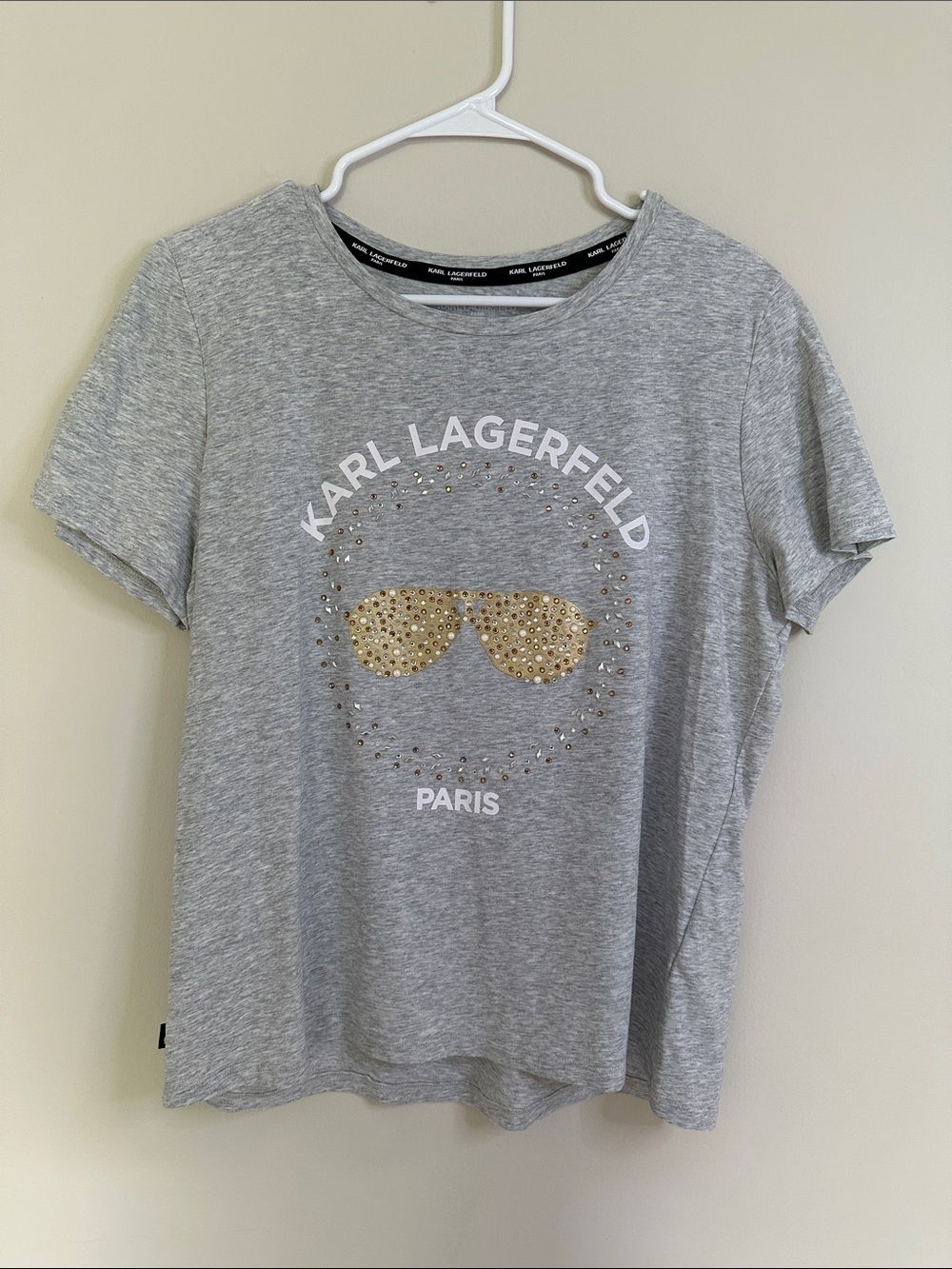 Karl Lagerfeld Gray Short Sleeve Tee with Gold Studded Sunglasses Graphic